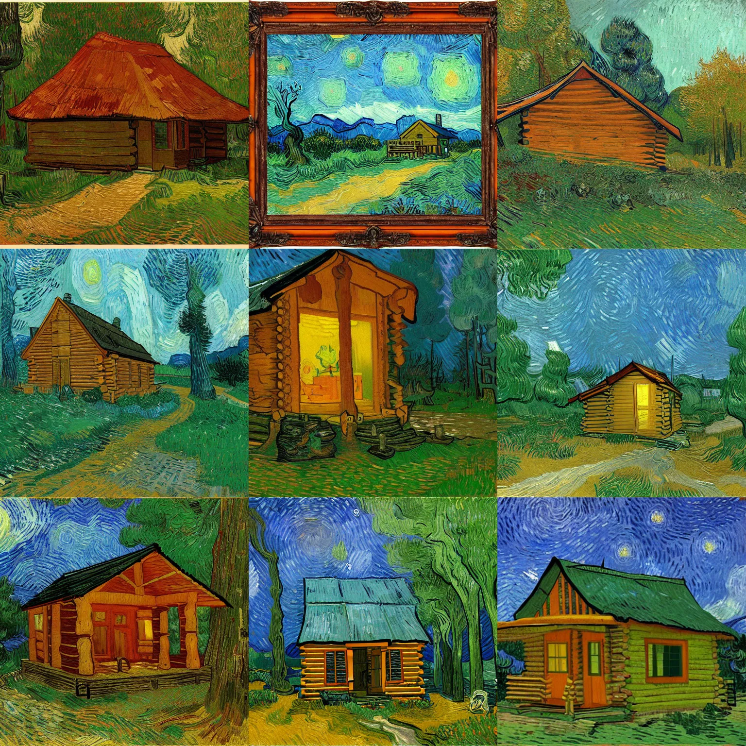 Prompt: [ a log cabin in the forest ] [ van gogh ] [ cgsociety ]