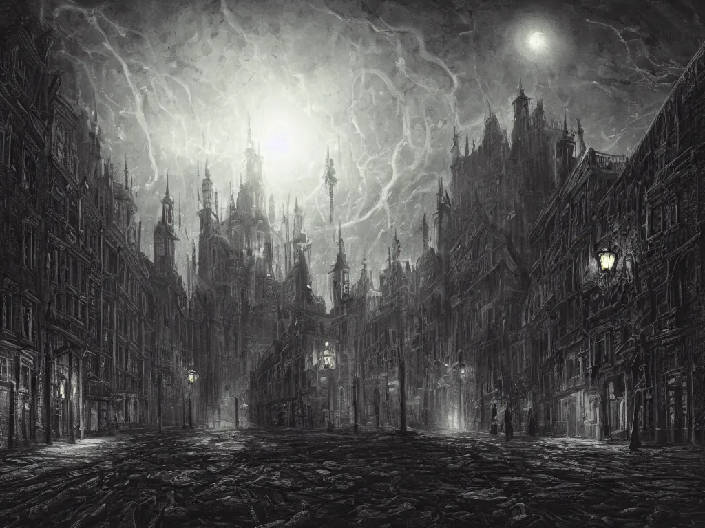Image similar to An 18th century (lovecraftian) gothic city at night with a star filled sky. Greasy luminescent cables are emerging from cracks on the ground. Highly detailed, digital painting, gloomy, concept art, low angle shot, super wide shot, ((fish eye)), 4k.