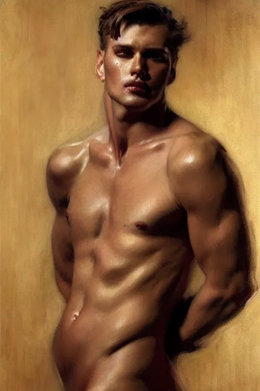 Prompt: attractive male, cloisonnism, character design, painting by gaston bussiere, craig mullins, j. c. leyendecker, tom of finland