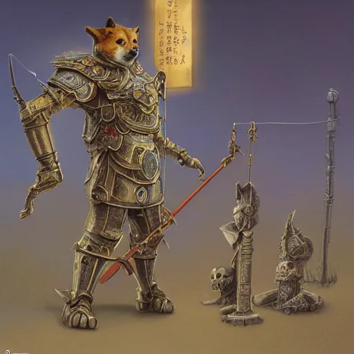 Image similar to anthropomorphic shiba inu, bismuth metal armor, anthropomorphic shiba inu, standing, cementary of skulls, fantasy 3 d render, masterpiece, red aura, by donato giancola and greg rutkowski and wayne barlow and zdzisław beksinski, realistic face