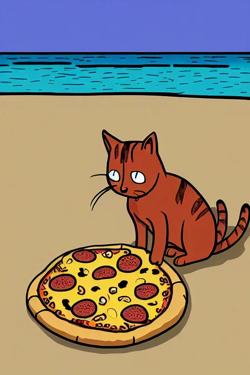 Image similar to digital drawing of a cat eating pizza on the beach by matt groening