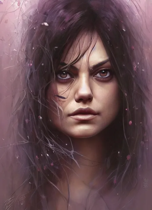 Prompt: beautiful mila kunis painting, highly detailed, cinematic, 8 k, by stanley artgerm, tom bagshaw, greg rutkowski, carne griffiths, ayami kojima, beksinski, trending on deviantart, hyper - detailed, horror, full of color,