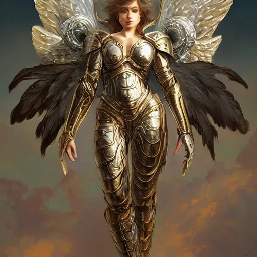 Prompt: A beautiful and fierce angel wearing fancy metallic battle armor and wings among heavenly clouds, intricate, elegant, highly detailed, digital painting, artstation, concept art, smooth, sharp focus, illustration, art by artgerm and greg rutkowski and alphonse mucha