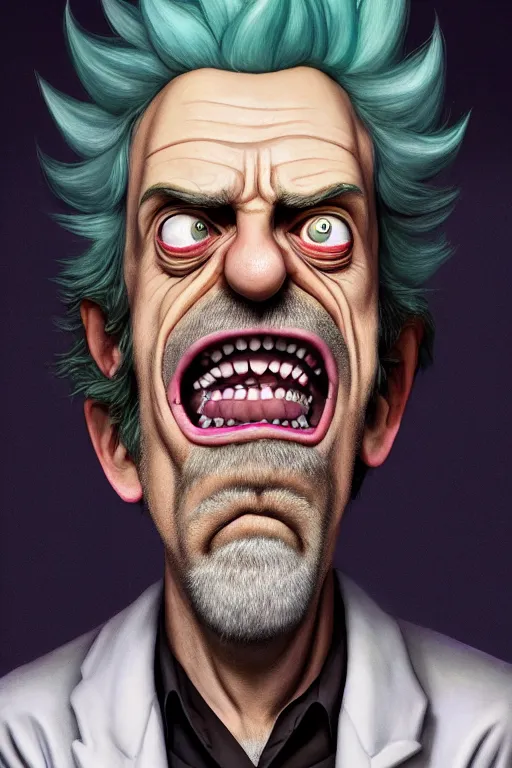 Image similar to Hugh Laurie as crazy genius Rick Sanchez from Rick and Morty, unibrow, white robe, big eyes, realistic portrait, symmetrical, highly detailed, digital painting, artstation, concept art, smooth, sharp focus, illustration, cinematic lighting, art by artgerm and greg rutkowski and alphonse mucha