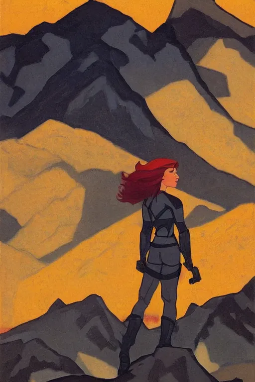 Image similar to black widow ( natasha romanova ) on mountains, marvel, artwork by nicholas roerich,