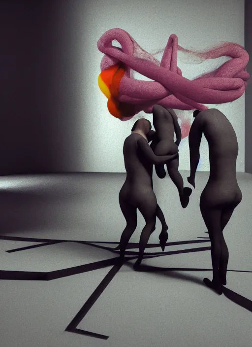 Image similar to fat womanand special forces entwined floating inside a brutalist space, gothic, by francis bacon, adrian ginn, james ginn, petra courtright, jenny saville, part gerhard richter, masterpiece. rendered in blender, ultra realistic, smooth shadows, ultra detail, high resolution, cinematic unreal 6, 8 k 3 d