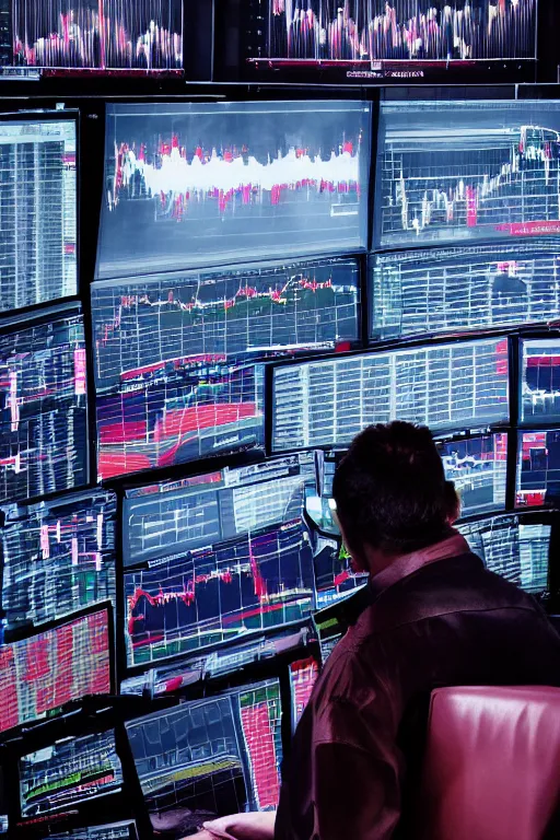 Prompt: stock market collapse, red charts, recession, fantasy, matte painting, office, trader