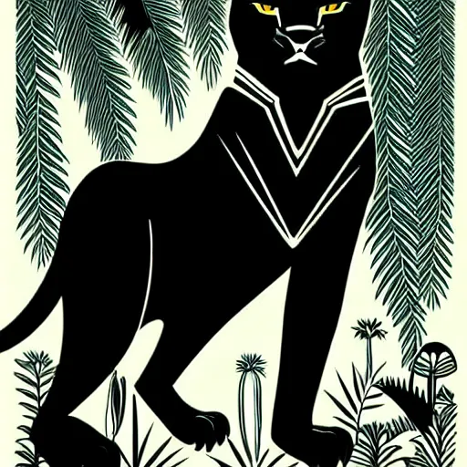 Prompt: artdeco illustration of one beautiful majestic black panther. beautiful. mysterious. intricately detailed. meticulously rendered. background is a jungle. epic skym hd. trending on art station. h 7 6 8