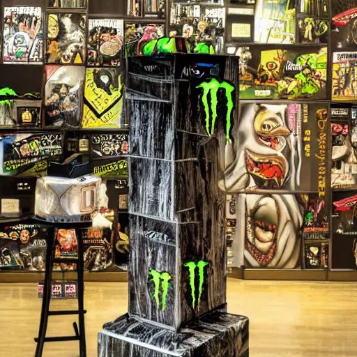 Image similar to monster energy drink stands on a pedestal, Storybook Illustration, by Yoshitaka Amano