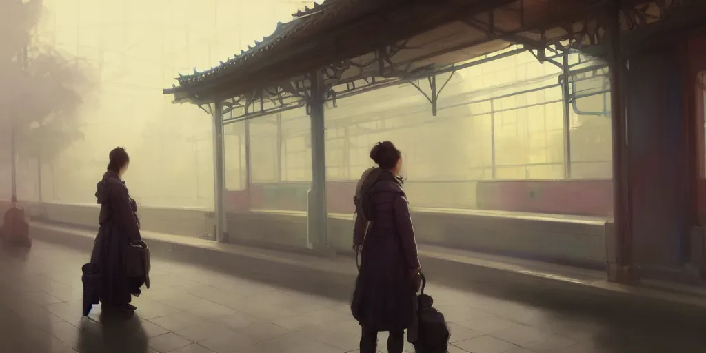 Prompt: a woman standing in a train station, train passing through behind her, she is facing to the camera, extremely detailed digital painting, in the style of fenghua zhong and ruan jia and jeremy lipking and peter mohrbacher, mystical colors, rim light, beautiful lighting, 8 k, stunning scene, raytracing, octane, trending on artstation