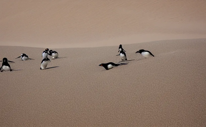 Prompt: penguins sliding in sand dunes, photography