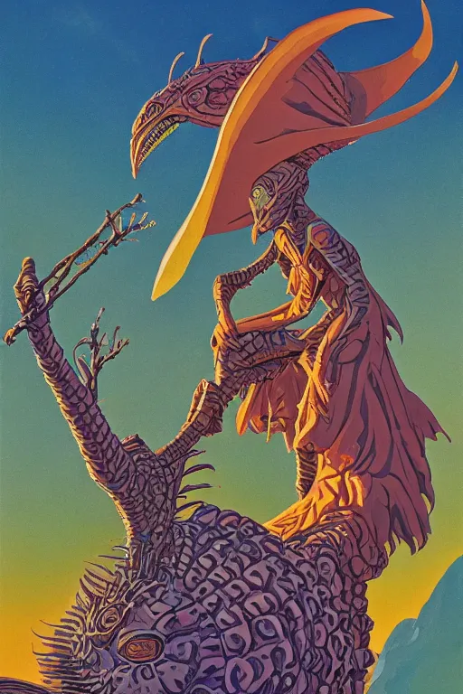 Image similar to swavain basilisk empress of the bilberry, painted by vaughn bode and joe jusko and chesley bonestell and gerald brom, trending on artstation, dramatic tan lighting first - person view studio ghibli, hdr, closeup, stuckism, manga