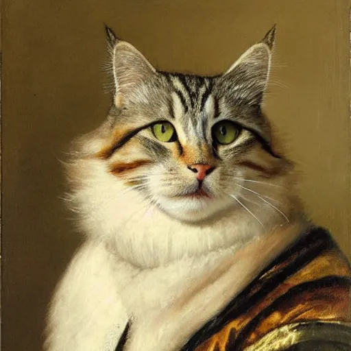 Prompt: a fluffy tabby cat wearing aristocratic robes in the style of Rembrandt