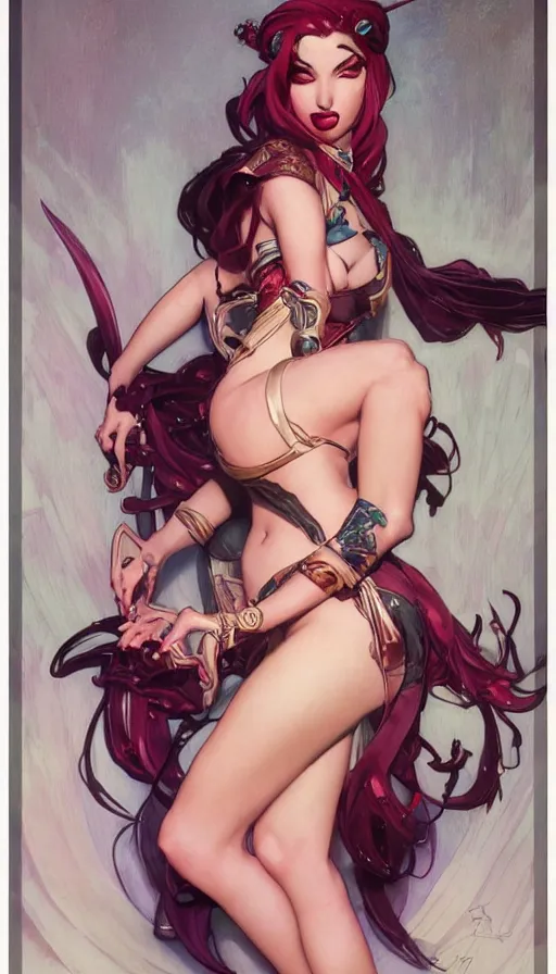 Image similar to jinx from league of legends in a pinup pose by artgerm, greg rutkowski and alphonse mucha, concept art, matte, intricate, full body, epic composition
