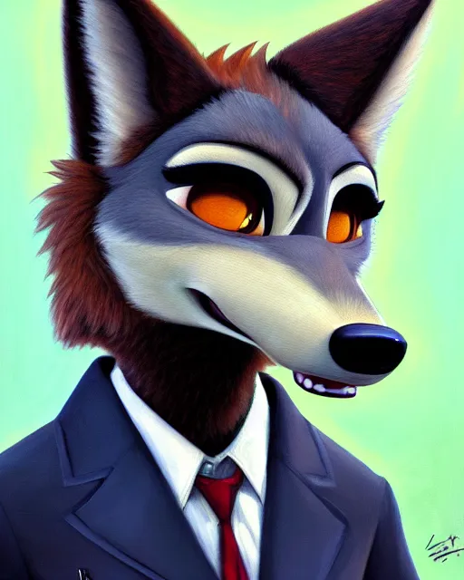 Image similar to oil painting of anthromorphic female wolf, in style of zootopia, female fursona, furry, furaffinity, 4 k, deviantart, furry art, fursona art, wearing black business suit, business suit, wolf fursona, female, very expressive detailed feminine face,