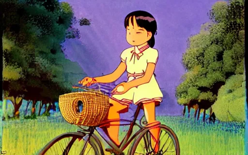 Image similar to a young girl riding a bike with a basket on a dirt path, 1970s philippines, art by hayao miyazaki, studio ghibli film, hi res, 4k