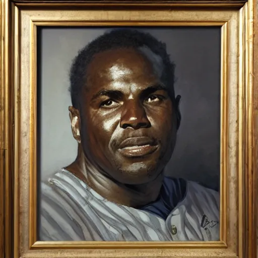 Image similar to portrait of jackie robinson, by jeremy mann, anders zorn, greg rutkowski.