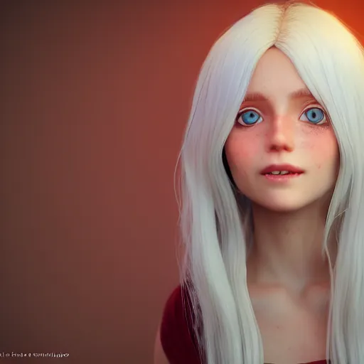 Image similar to Render of Lily, a cute 3d young woman, long white hair, full round face, light blue eyes, bisque skin tone, cute freckles, light red blush, smiling softly,wearing casual clothing, interior lighting, cozy living room background, medium shot, mid-shot, hyperdetailed, trending on Artstation, Unreal Engine 4k