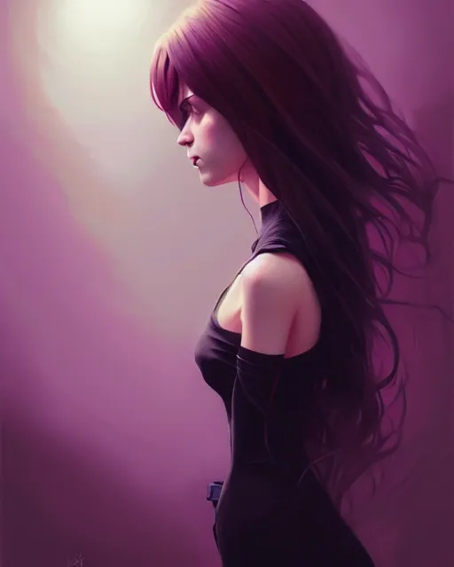 Image similar to hyper - realistic portrait of a gothic girl, dynamic wavy hair, perspective body anatomy, detailed designs, digital painting, 4 k, by ilya kuvshinov, by greg rutkowski, atmospheric lighting