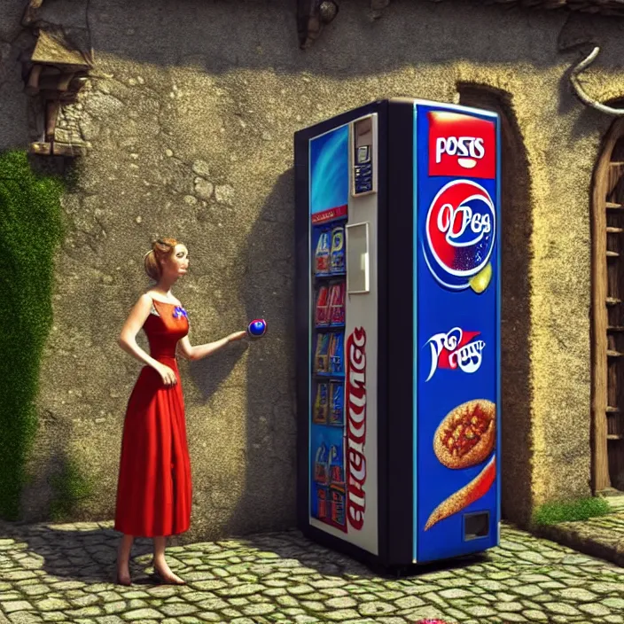 Image similar to pepsi vending machine outside a medieval house in a fantasy village. a woman is standing next to the vending machine. extremely high details, realistic, fantasy art, cinematic, octane render, masterpiece, artstation contest winner, art by johannen voss, frank frazetta