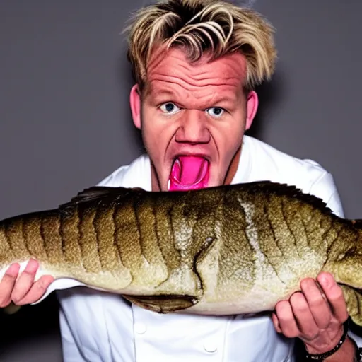 Prompt: photograph of Gordon-Ramsay passionately tounge-kissing a large-mouth bass