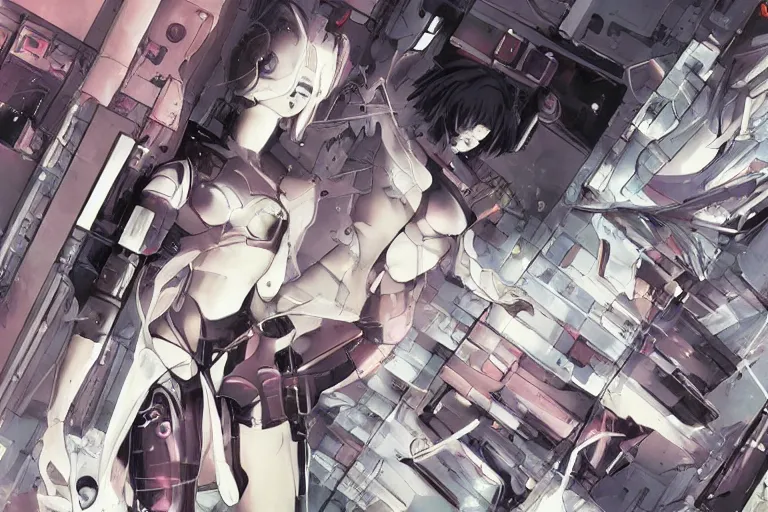 Image similar to a cyberpunk anime illustration of a group of female androids' body parts lying scattered over an abstract, empty, white floor, by masamune shirow, hajime sorayama and katsuhiro otomo, view from above, minimalist