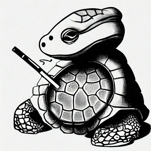 Prompt: storybook illustration of a turtle smoking a cigarette, storybook illustration, monochromatic