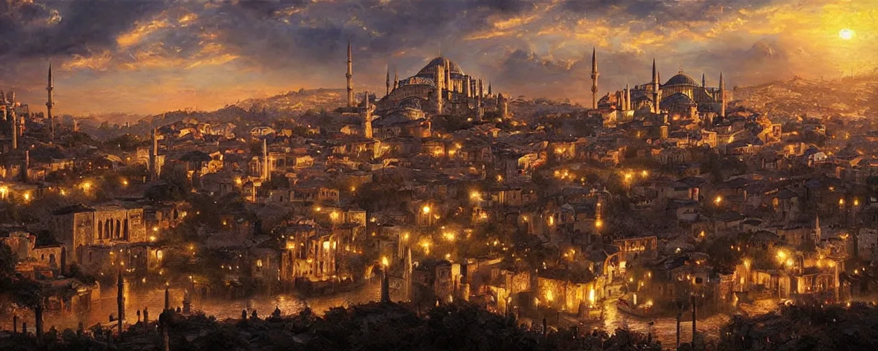 Image similar to a beautiful oil painting of medieval istanbul with ottoman people scenery landscape, lord of the rings,, rule of thirds, sunset, highly detailed, perfect lighting, perfect composition, 4 k, artgerm, derek zabrocki, greg rutkowski