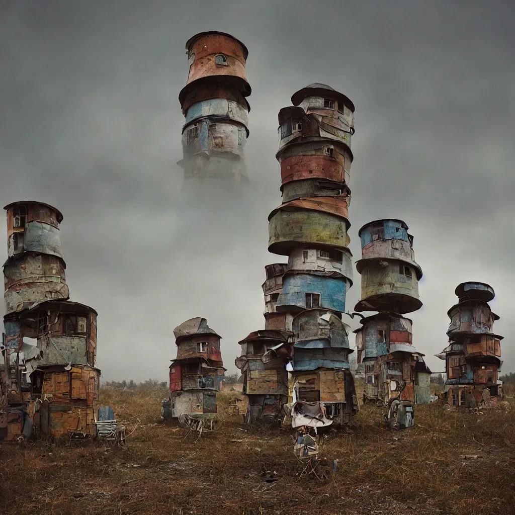 Image similar to circular towers, made up of makeshift squatter shacks with faded colours, apocalyptic sky, misty, dystopia, mamiya rb 6 7, fully frontal view, ultra sharp, very detailed, photographed by julie blackmon