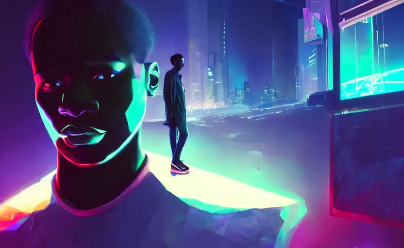 Image similar to single handsome black genius infiltrating the metaverse wearing jordans, curved translucent holographic displays, urban atmosphere, cmyk glowing lights, highly detailed, digital painting, artstation, concept art, smooth, sharp focus, illustration, art by wlop, mars ravelo and greg rutkowski