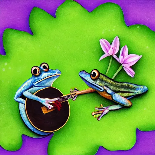 Image similar to Frogs playing banjo in the rain under a lily pad