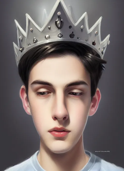 Image similar to portrait of teenage jughead jones wearing a light grey crown, photorealistic, crown, eyes closed, crown, black hair, intricate, elegant, glowing lights, highly detailed, digital painting, artstation, concept art, smooth, sharp focus, illustration, art by wlop, mars ravelo and greg rutkowski