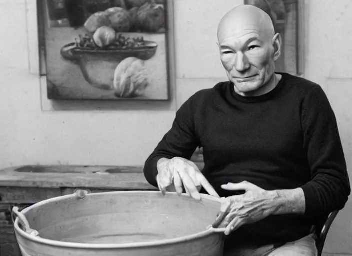 Prompt: patrick stewart sitting in a big pot of vegetable stew