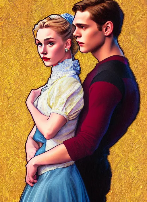 Image similar to oil painting of betty cooper and jason blossom, intricate, elegant, highly detailed, lighting, painting, artstation, smooth, illustration, art by greg rutowski and alphonse mucha