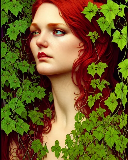 Image similar to closeup portrait the platonic ideal of flowers and vines, poison ivy, beautiful succubus, intricate, hyperrealism, intense, dmt, artgerm, moebius, greg rutkowski, maxfield parrish, dan mumford, moebius, alphonse mucha