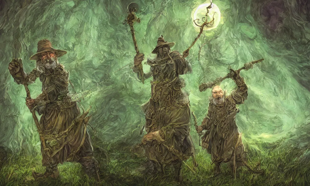 Prompt: a wizard with a staff, discworld theme, moss, nordic, pastel colors, 3 d art, digital illustration, perfect lighting