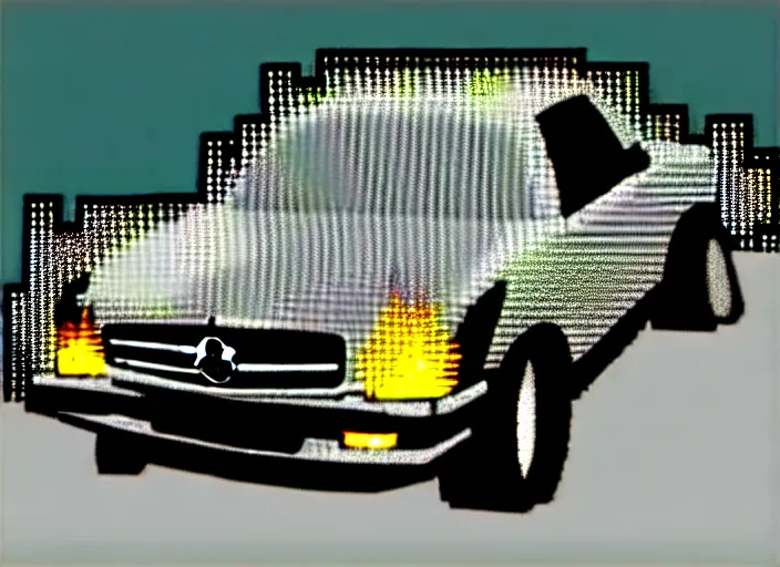 Image similar to burning wrecked mercedes 1 2 4, pixelart, monochrome gameboy, award winning. dramatic. trending on artstation, low resolution sync