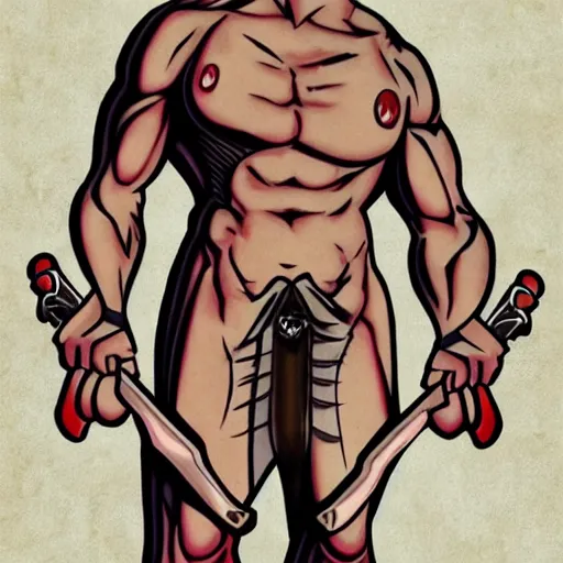 Prompt: muscular bald man, sword in hands, tattooed body, HD, anime,