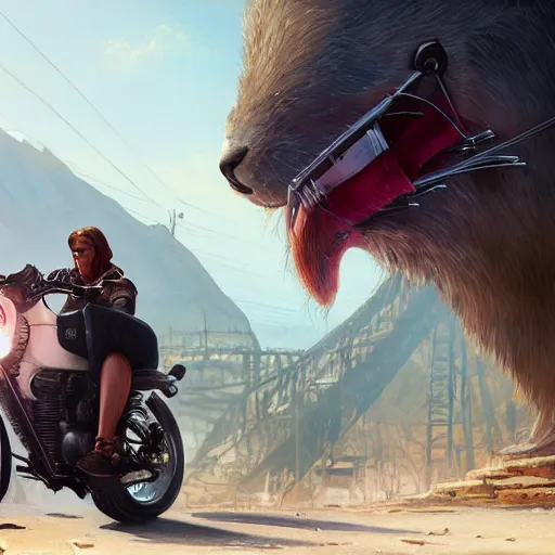 Image similar to highly detailed portrait of a biker rabbit in gta v, stephen bliss, unreal engine, fantasy art by greg rutkowski, loish, rhads, ferdinand knab, makoto shinkai and lois van baarle, ilya kuvshinov, rossdraws, tom bagshaw, global illumination, radiant light, detailed and intricate environment