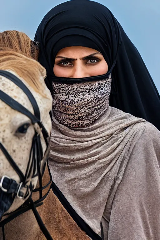Image similar to hyperrealistic portrait from middle eastern burqa woman riding horse, with riffle in her chest, super highly detail, accurate boroque, without duplication content, white border frame, medium close up shot, justify content center, symmetrical, incrinate, cinematic, dust, award winning photos, vogue, shadow effect, luminate, sharp focus, realistic human