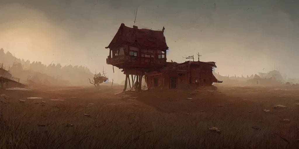 Image similar to an unseen, land of dead, war, wiped houses, detailed, cinematic landscape, atmospheric light, sky, dynamic angle, good composition, eccentric, mind bending, fantasy world, trending on artstation art by simon stalenhag