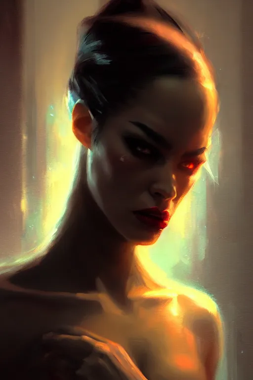 Image similar to cinematic shot of an epic portrait of an angry demon dressed, stylised, shiny skin, beautiful eyes, beautiful, small details, night setting, realistic poster with volumetric light from craig mallism, artgerm, jeremy lipkin and michael garmash, unreal engine, radiant light, digital art, trends at art station, a masterpiece