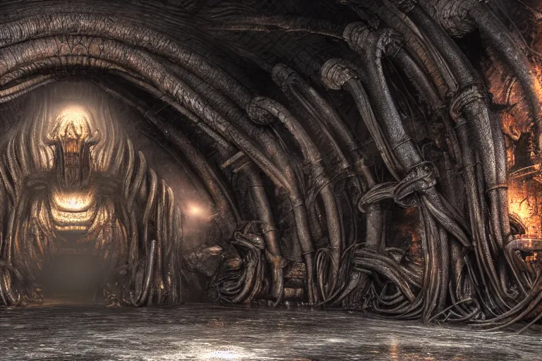 Prompt: realistic balrog at the bottom of a huge long corridor in the mines of moria, 3 d octane render, photorealistic, style of h. r. giger