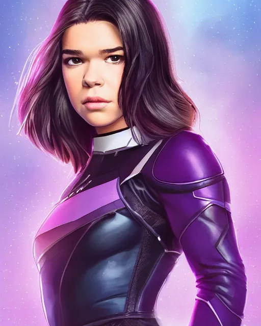 Prompt: Hailee Steinfeld as Kate Bishop by Zeronis and Avetetsuya Studios and Mitsu Art, Marvel, Hawkeye, blush, symmetrical face, intricate, face, blue iris eyes, black hair, anime, elegant, light purple mist, trending on artstation, artstationHD, artstationHQ, patreon, 4k, 8k