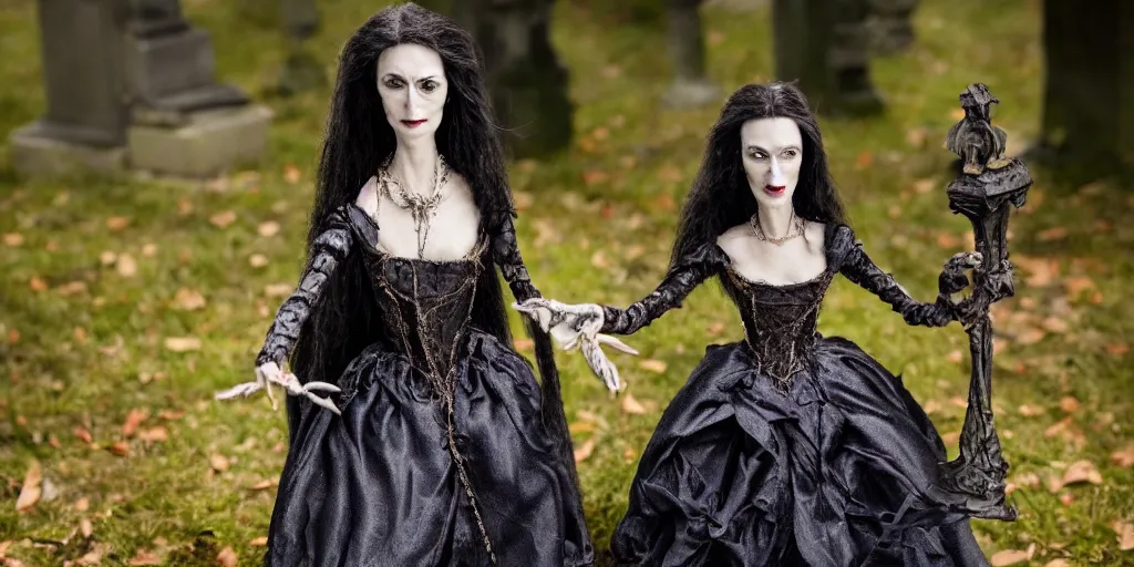 Prompt: photo taken of an epic intricate, ultra detailed, super realistic stop motion puppet of a majestic gracious regal aristocratic brunette female vampires in a graveyard filmset created by weta workshop and tim burton, menacing, wide angle, moody night time shots, photorealistic, sharp focus, gloomy, extremely cold blueish colour temperature, 3 5 mm, f 1. 4