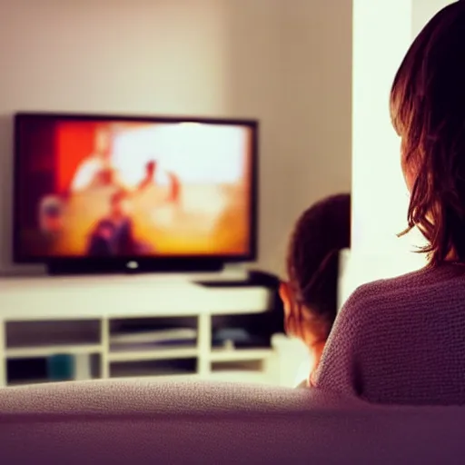 Prompt: Over the shoulder shot of a woman watching tv at night. The T.V. is illuminating a disturbing grey figure.