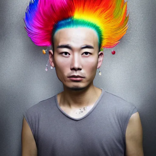 Prompt: chinese man with rainbow mohawk, portrait photo,