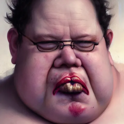 Image similar to hyper realistic, close up portrait of a disgusting fat slob by greg rutkowski, scott m fischer, artgerm, loish, atmospheric, anne stokes, alexandros pyromallis