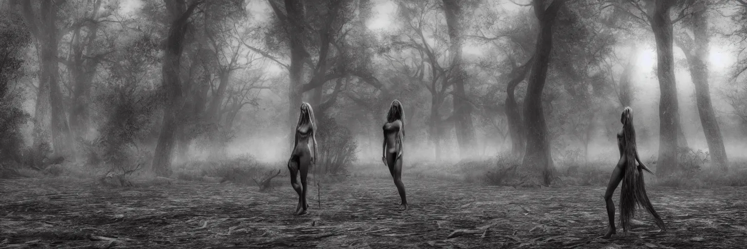 Image similar to epic fantasy render of a two beautiful skinny women body, long dark hairs, detailed anatomy, woods, black fog, black and white, highly detailed, cinematic, hyperrealism, dynamic lighting, octane render