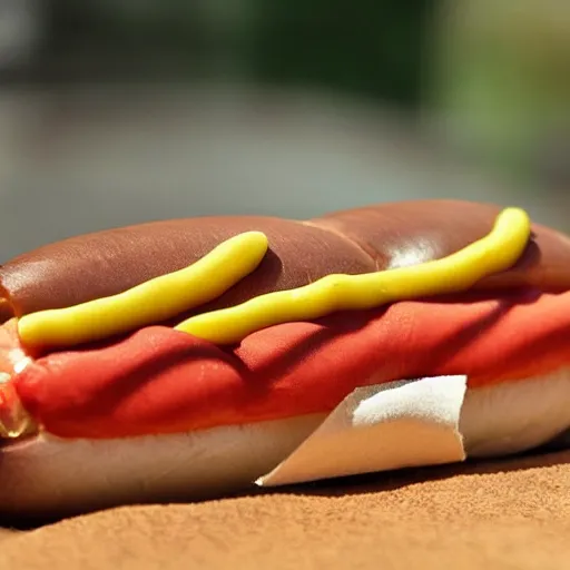 Prompt: a hotdog biting its tail